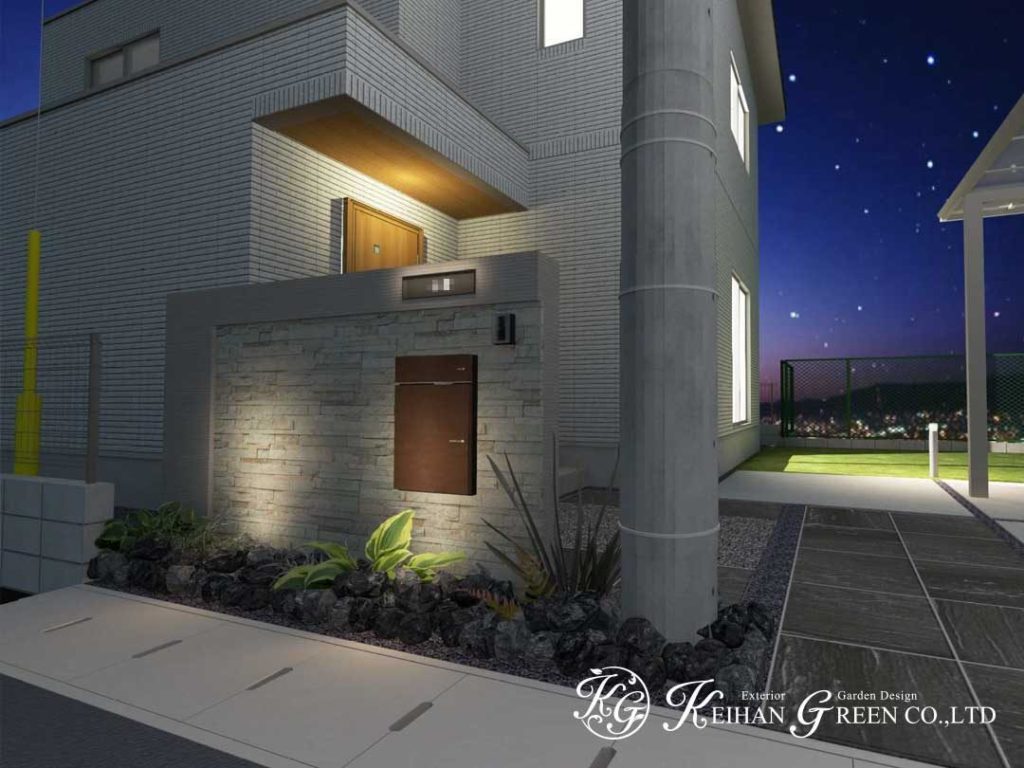 タイル張りの門柱がおしゃれなナチュラルモダン外構プラン