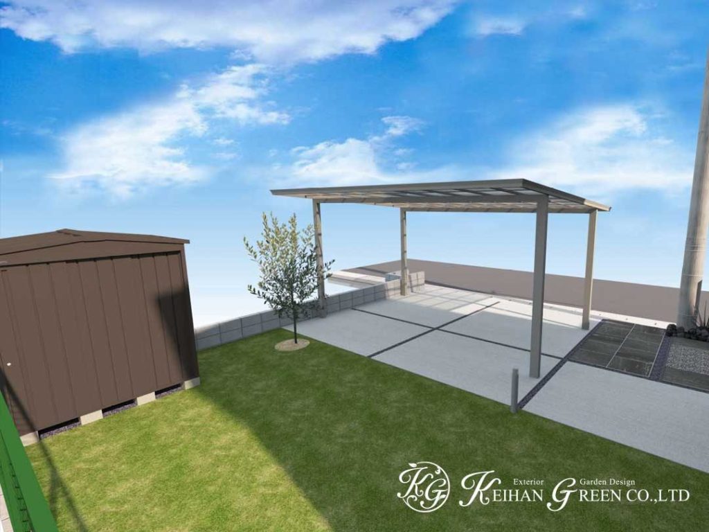 タイル張りの門柱がおしゃれなナチュラルモダン外構プラン