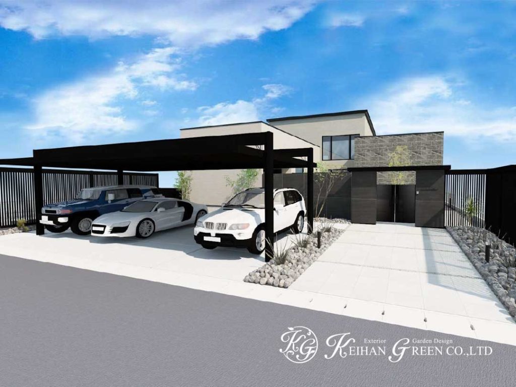 直線美が引き立つ、洗練されたモノトーン外構