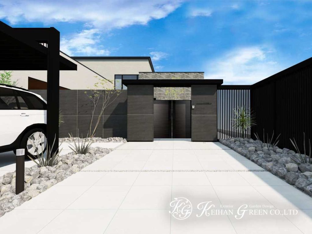 直線美が引き立つ、洗練されたモノトーン外構