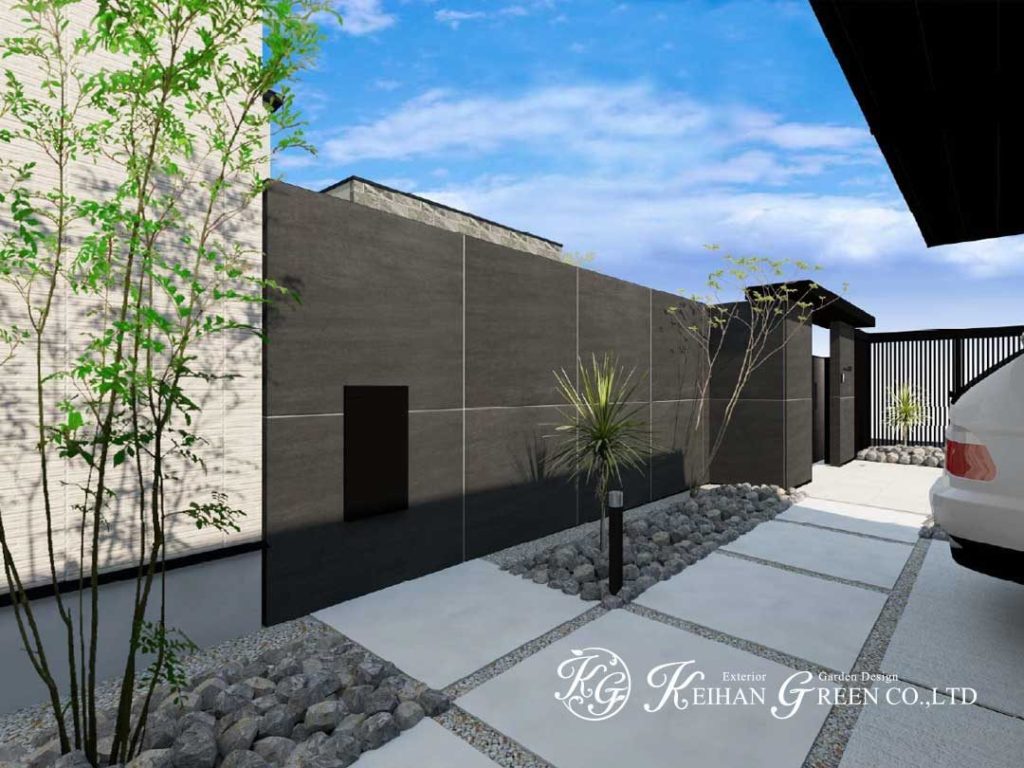 直線美が引き立つ、洗練されたモノトーン外構