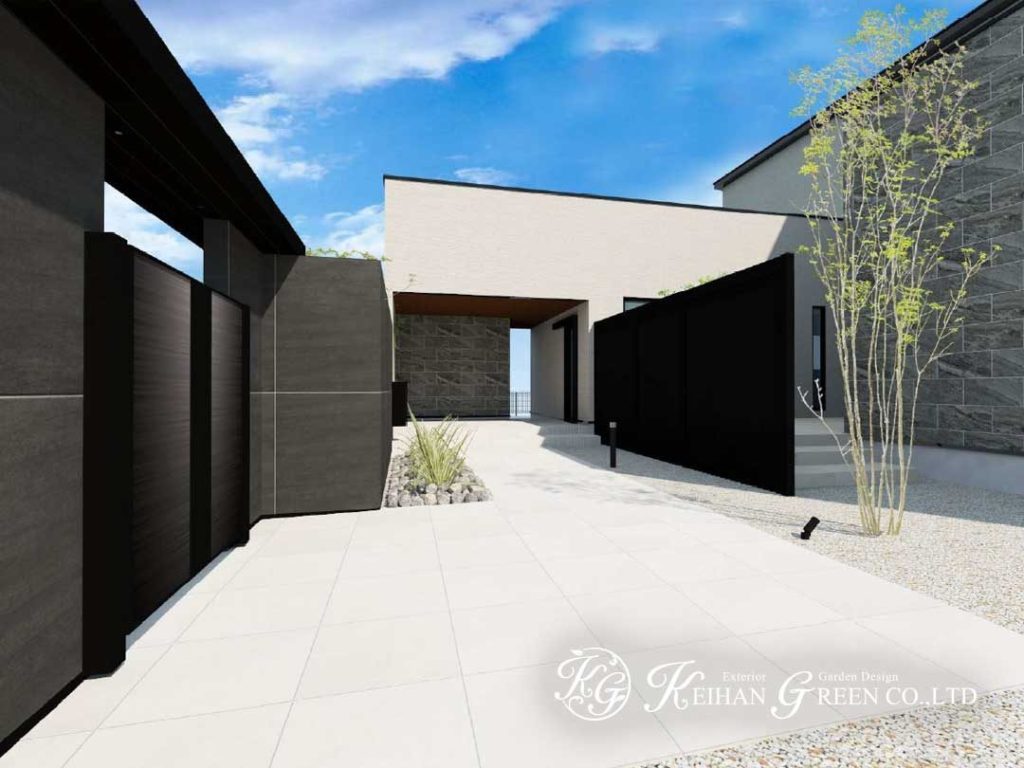 直線美が引き立つ、洗練されたモノトーン外構