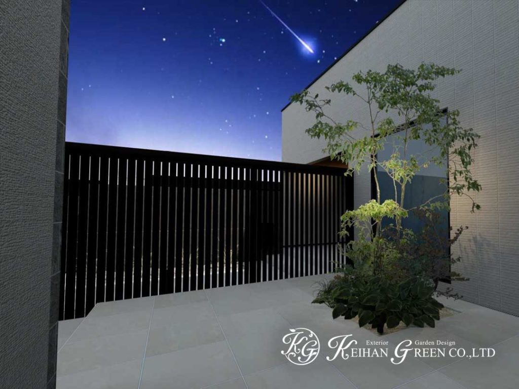 直線美が引き立つ、洗練されたモノトーン外構