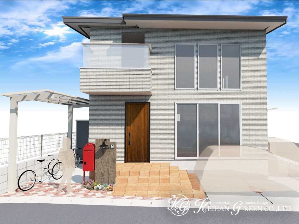 赤いポストが映える、ナチュラルで温かみのある外構デザイン