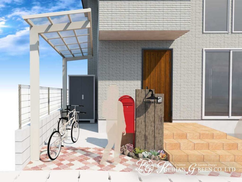 赤いポストが映える、ナチュラルで温かみのある外構デザイン