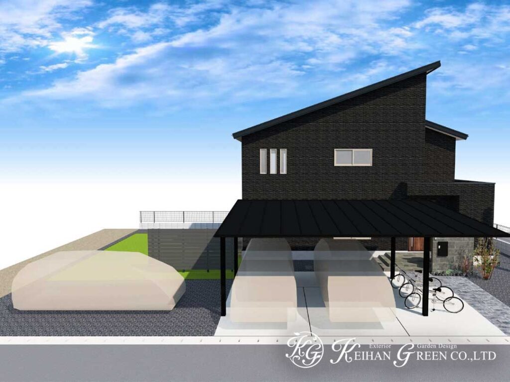 黒い外観になじむ、シンプルモダンな新築外構プラン