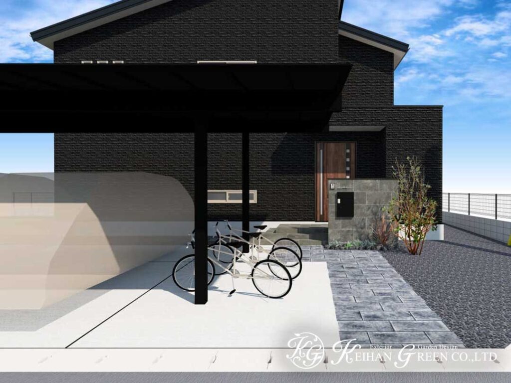 黒い外観になじむ、シンプルモダンな新築外構プラン
