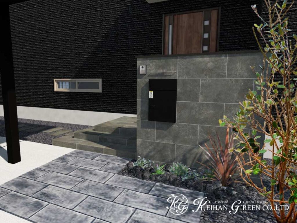 黒い外観になじむ、シンプルモダンな新築外構プラン