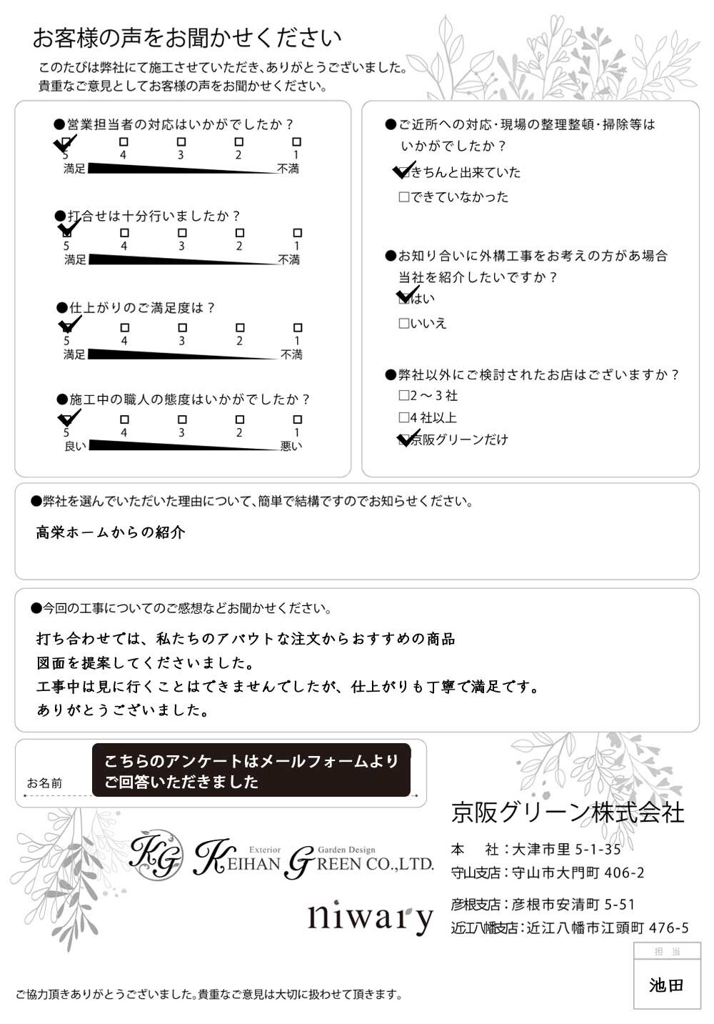 お客様の声 | 京阪グリーン | 滋賀・京都・大阪のエクステリア