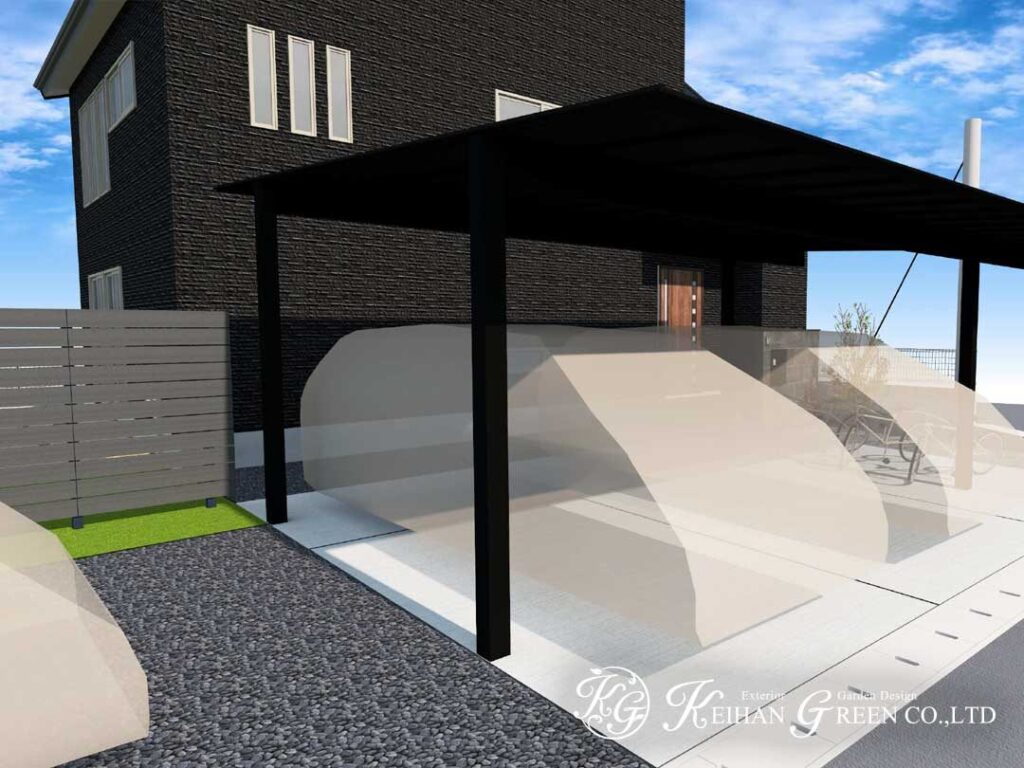 黒い外観になじむ、シンプルモダンな新築外構プラン