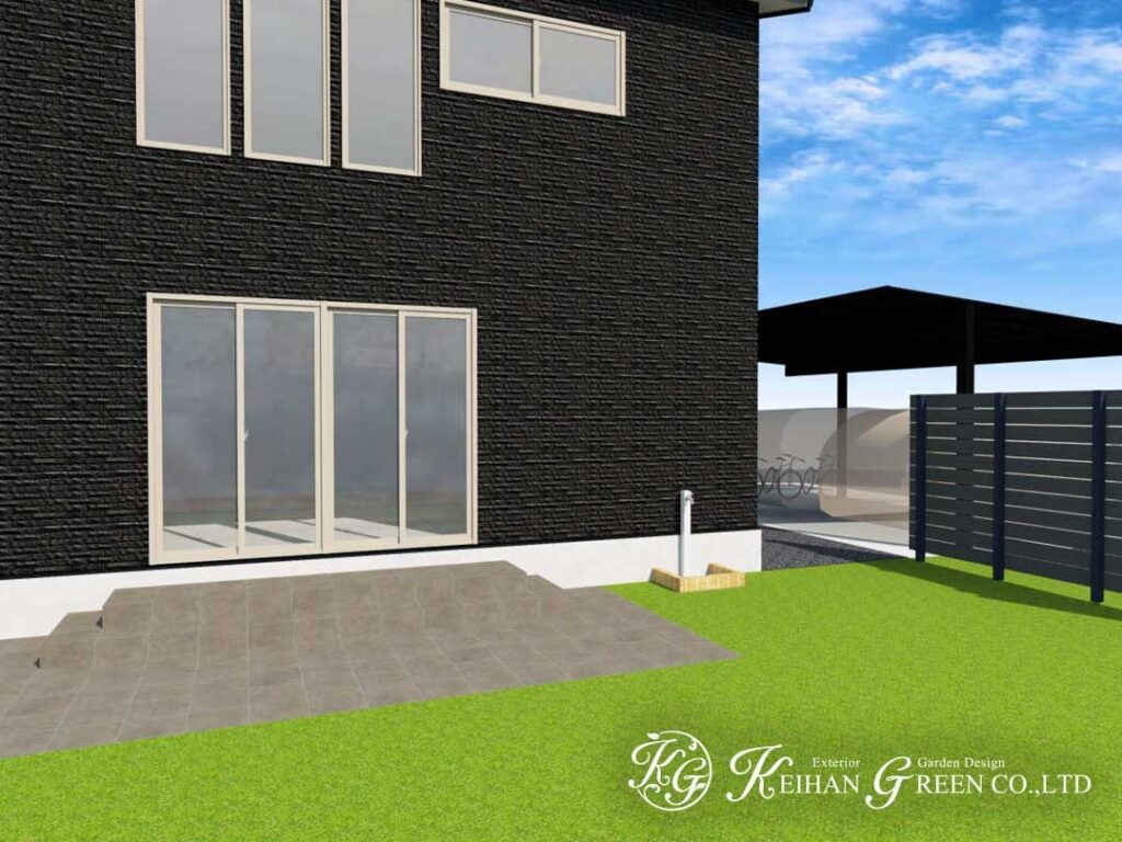 黒い外観になじむ、シンプルモダンな新築外構プラン