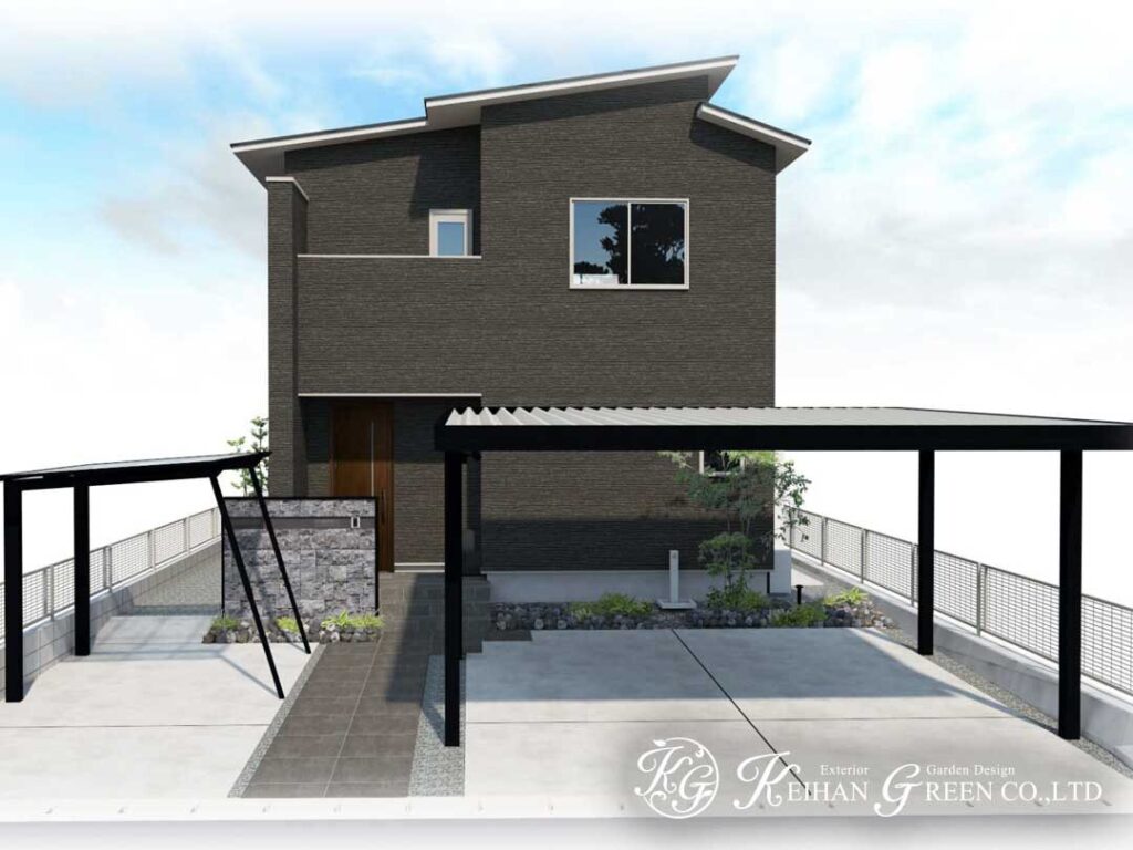 石の表情が映える、モノトーン外構プラン