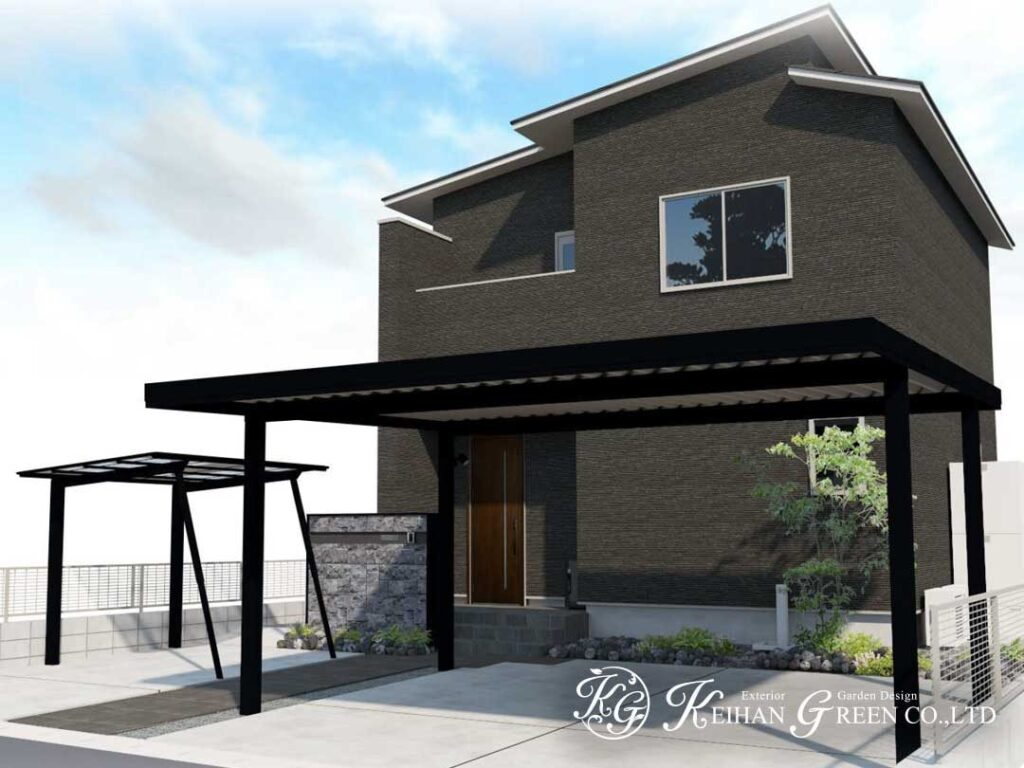 石の表情が映える、モノトーン外構プラン