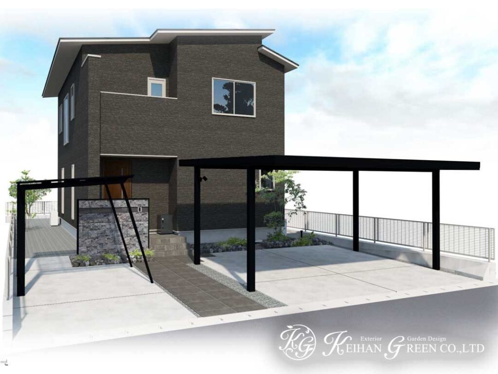 石の表情が映える、モノトーン外構プラン