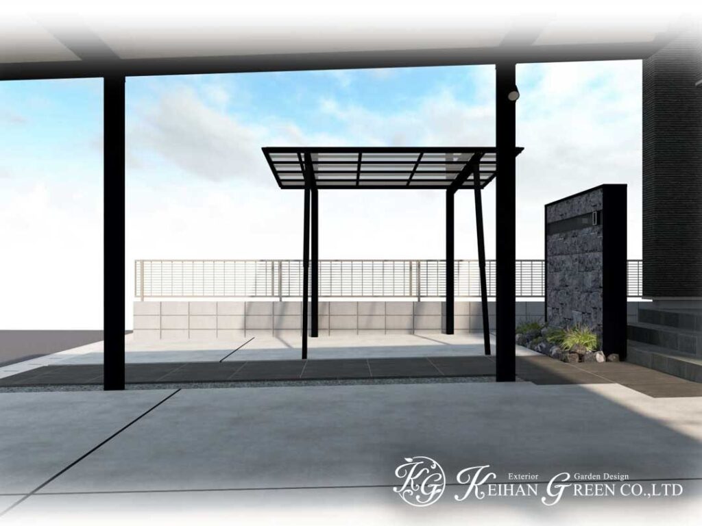 石の表情が映える、モノトーン外構プラン