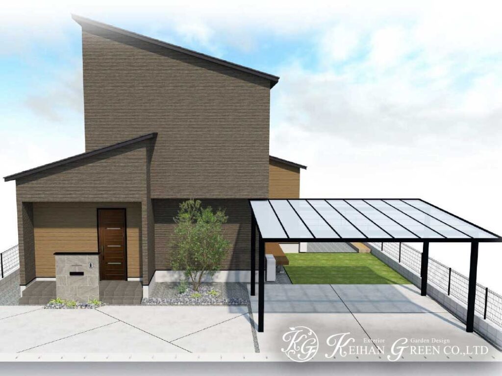 黒フレームが引き締める、端正な新築外構プラン