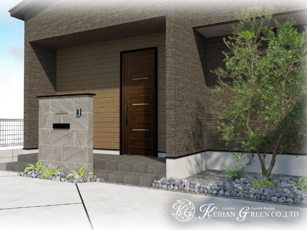 黒フレームが引き締める、端正な新築外構プラン