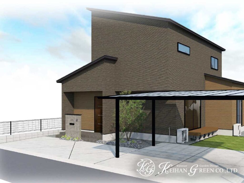 黒フレームが引き締める、端正な新築外構プラン