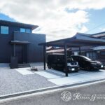 黒を基調に、やさしさを添えたシンプルモダンな外まわり　彦根市