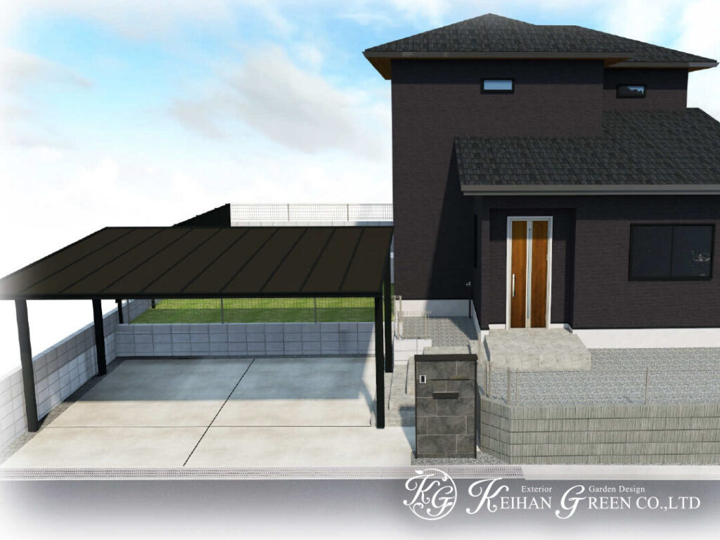 ダークトーンで統一した、洗練された新築外構プラン