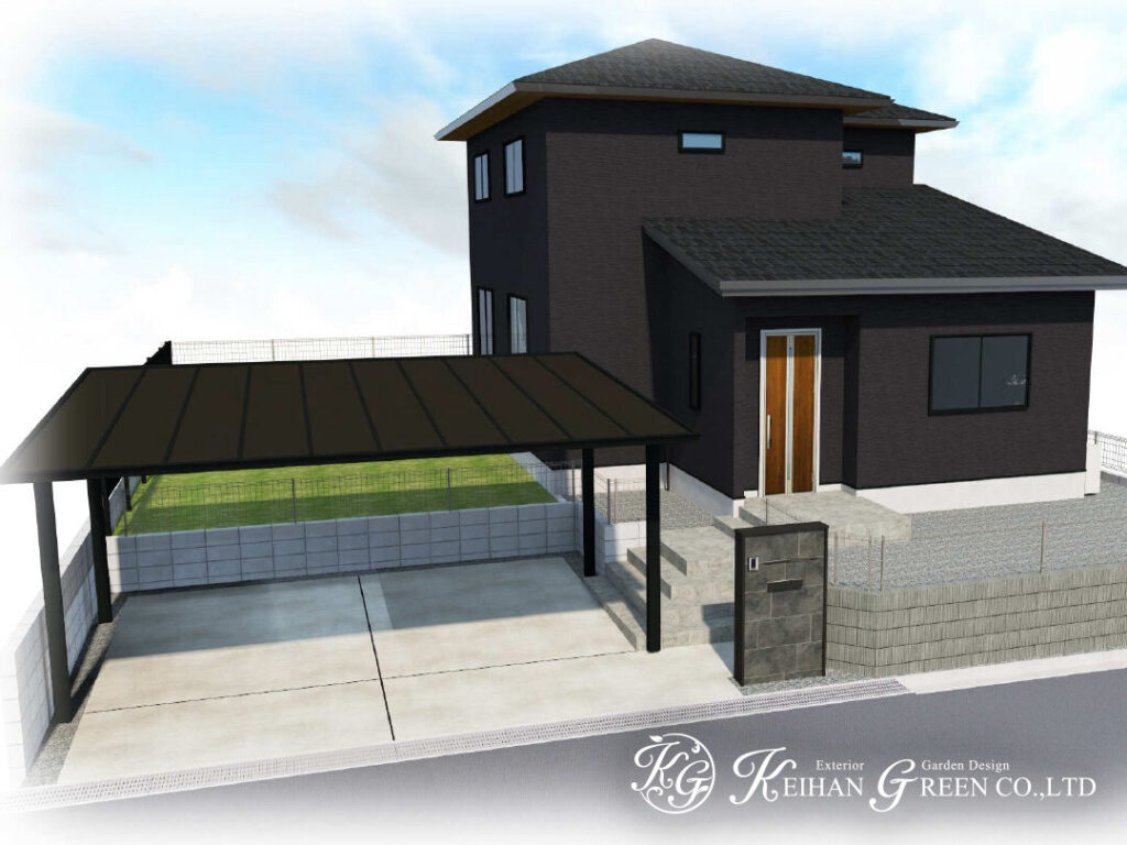 ダークトーンで統一した、洗練された新築外構プラン