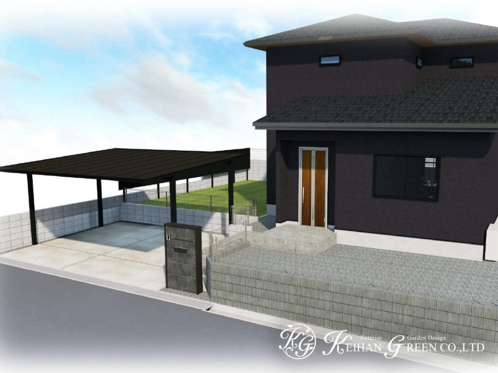 ダークトーンで統一した、洗練された新築外構プラン