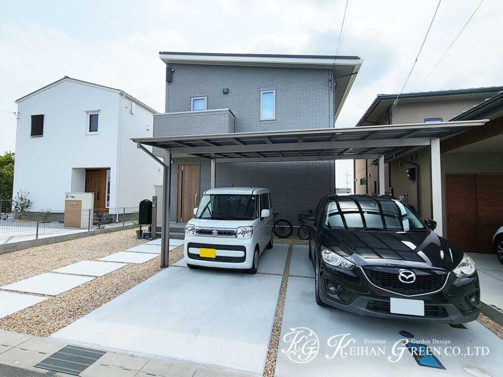 深いグリーンをアクセントにしたシンプルな外まわり　守山市